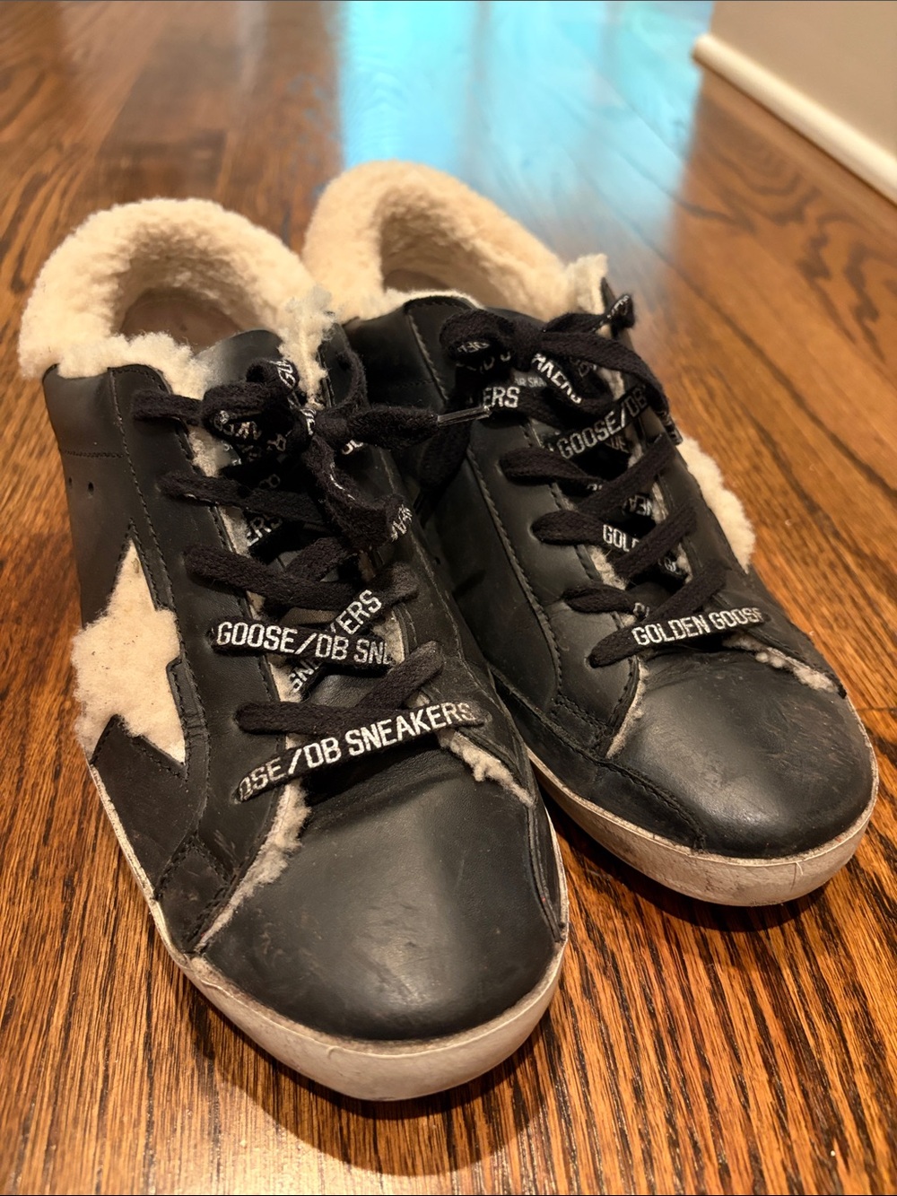 Golden Goose  Black and Cream Shearling-Trim Sneakers superstar 38